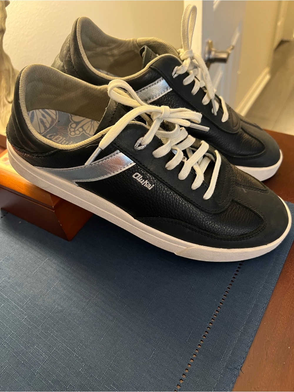 OluKai Black Leather Sneakers with Silver Accent